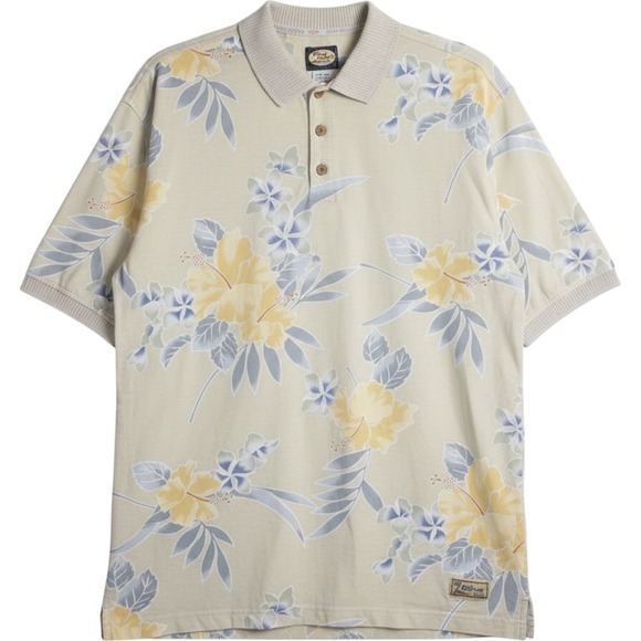 Tommy Bahama Other - Tommy Bahama Floral Polo Shirt Mens Medium Tan Blue‎ Tropical Hibiscus Cotton